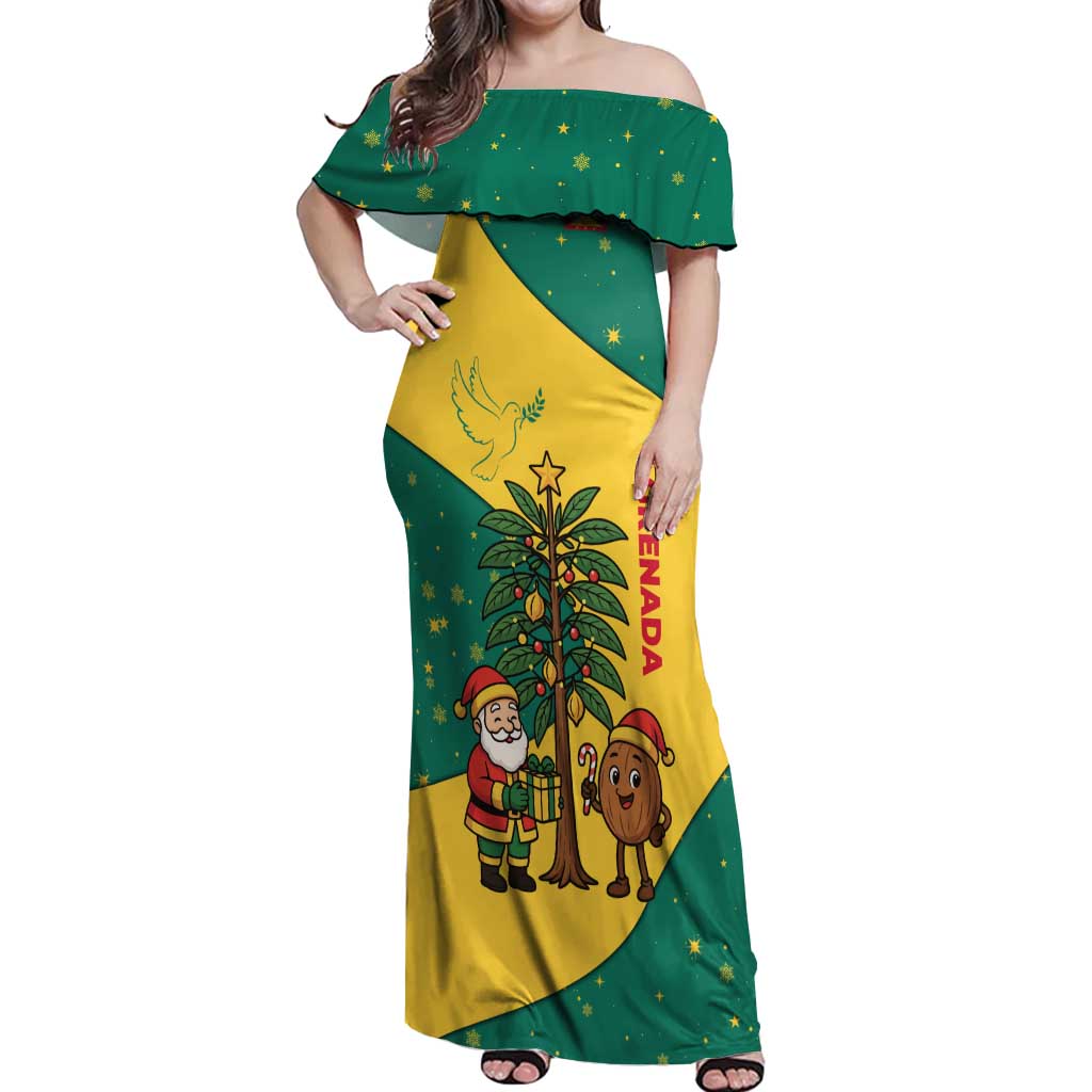 Grenada Christmas Off Shoulder Maxi Dress with Santa Nutmeg Tree Peace Dove and Festive Gift Design - Wonder Print Shop