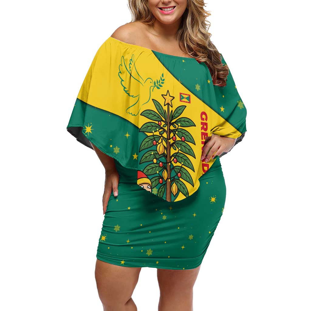 Grenada Christmas Off Shoulder Short Dress with Santa Nutmeg Tree Peace Dove and Festive Gift Design - Wonder Print Shop
