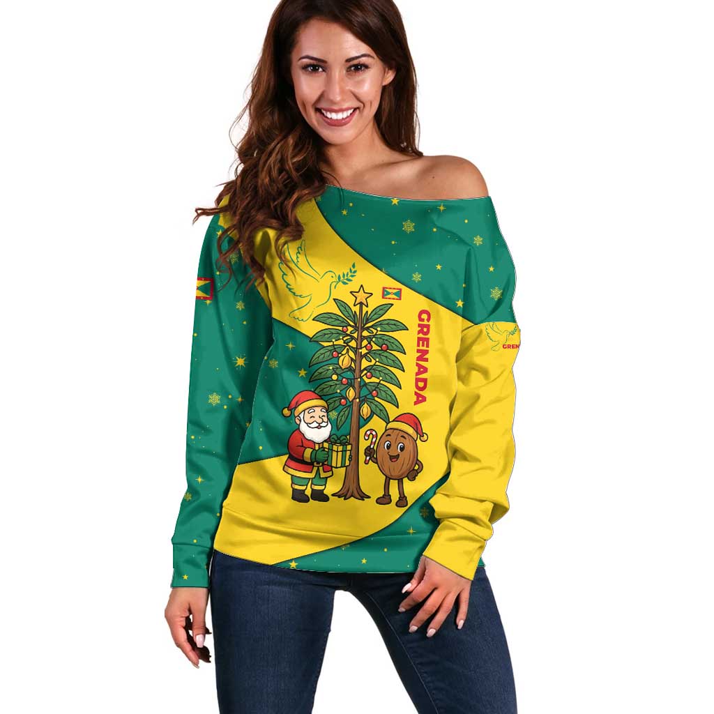 Grenada Christmas Off Shoulder Sweater with Santa Nutmeg Tree Peace Dove and Festive Gift Design - Wonder Print Shop