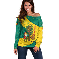 Grenada Christmas Off Shoulder Sweater with Santa Nutmeg Tree Peace Dove and Festive Gift Design - Wonder Print Shop