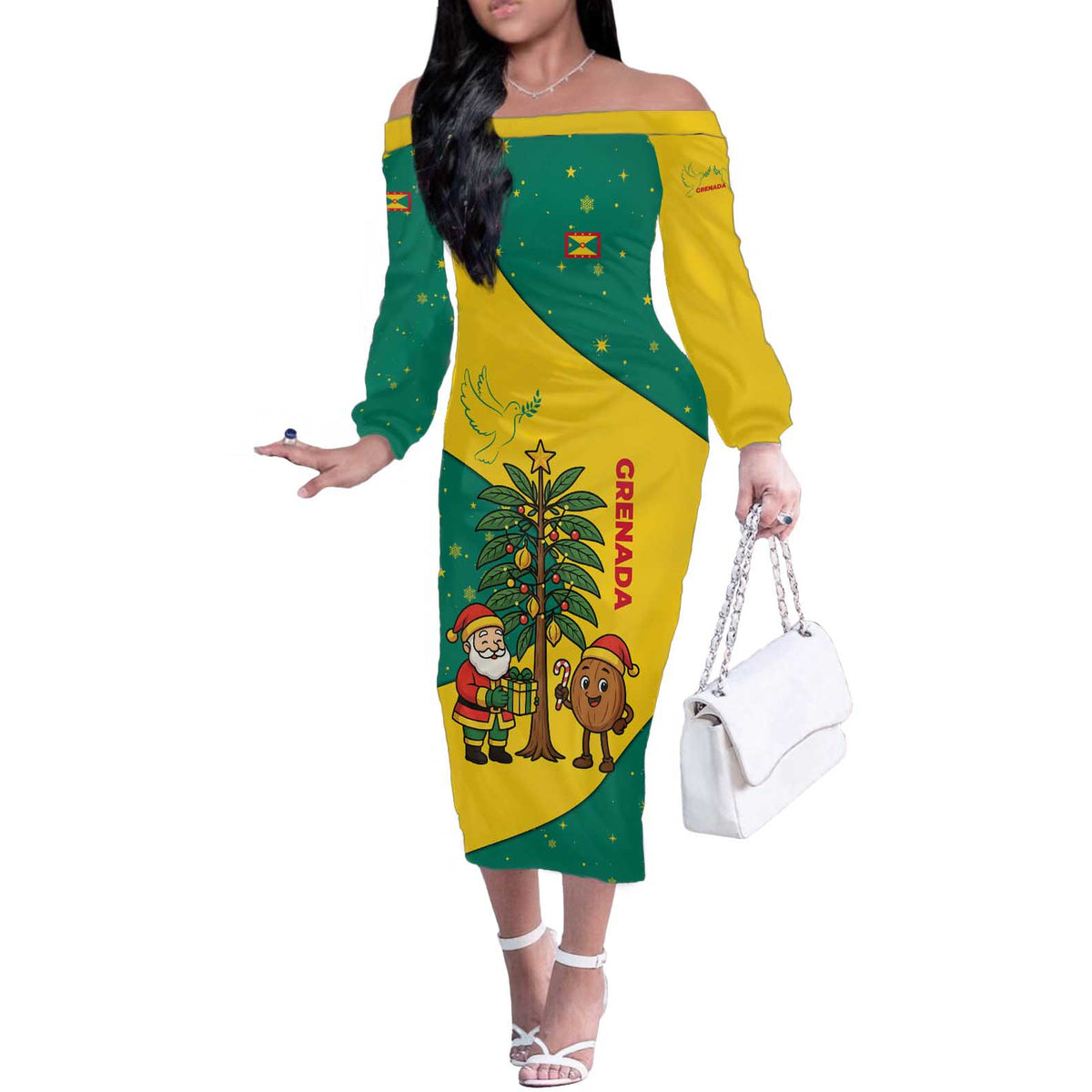 Grenada Christmas Off The Shoulder Long Sleeve Dress with Santa Nutmeg Tree Peace Dove and Festive Gift Design - Wonder Print Shop
