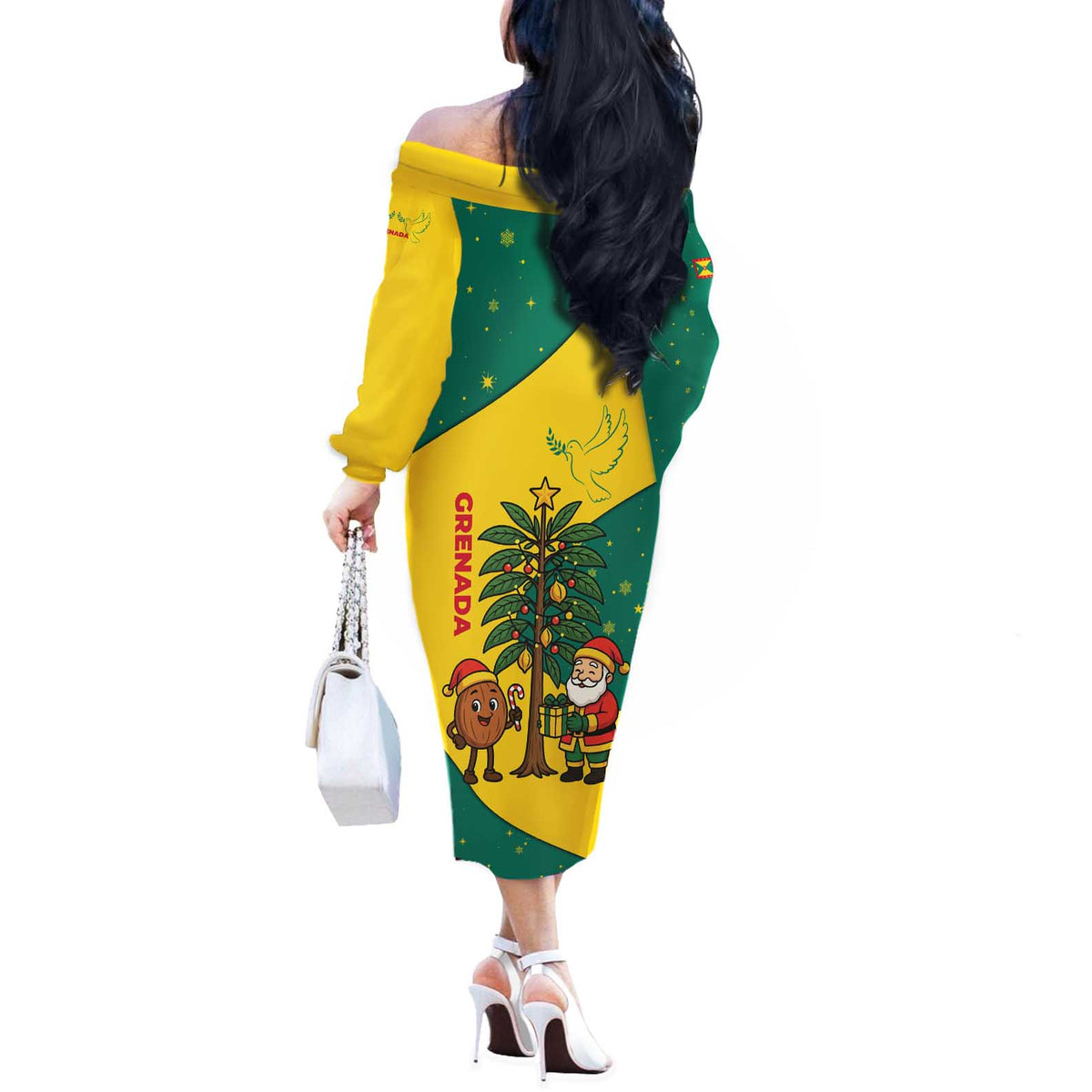 Grenada Christmas Off The Shoulder Long Sleeve Dress with Santa Nutmeg Tree Peace Dove and Festive Gift Design - Wonder Print Shop