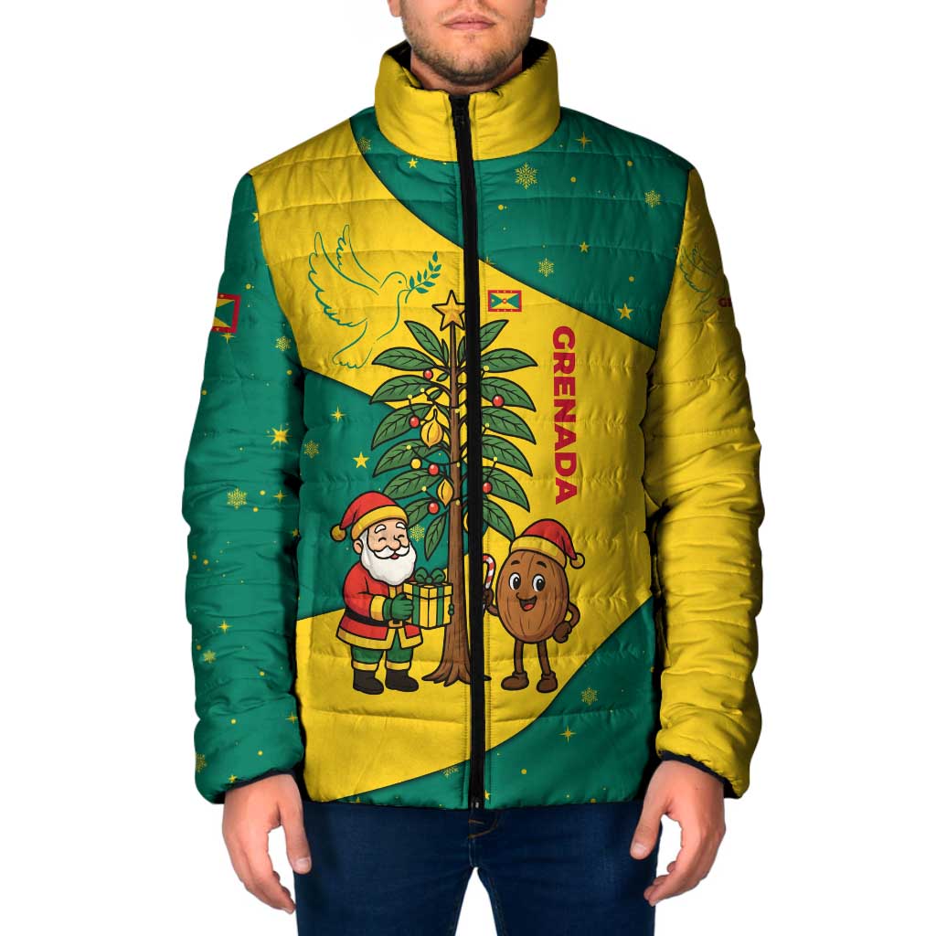 Grenada Christmas Padded Jacket with Santa Nutmeg Tree Peace Dove and Festive Gift Design - Wonder Print Shop