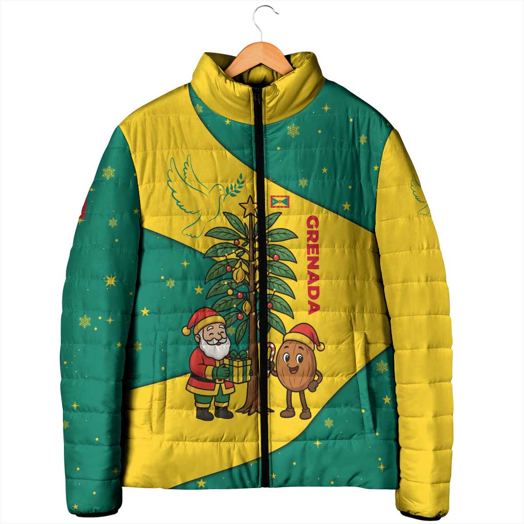 Grenada Christmas Padded Jacket with Santa Nutmeg Tree Peace Dove and Festive Gift Design - Wonder Print Shop