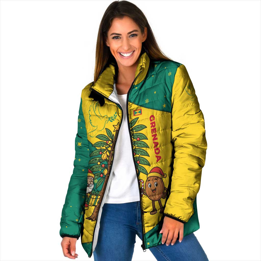 Grenada Christmas Padded Jacket with Santa Nutmeg Tree Peace Dove and Festive Gift Design - Wonder Print Shop