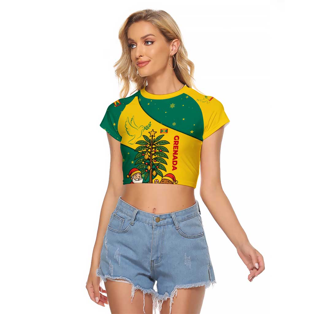 Grenada Christmas Raglan Cropped T Shirt with Santa Nutmeg Tree Peace Dove and Festive Gift Design - Wonder Print Shop