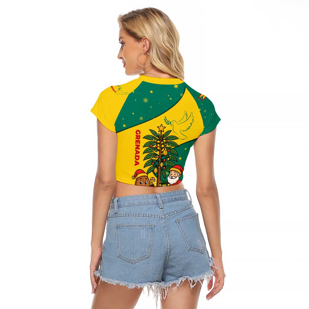 Grenada Christmas Raglan Cropped T Shirt with Santa Nutmeg Tree Peace Dove and Festive Gift Design - Wonder Print Shop