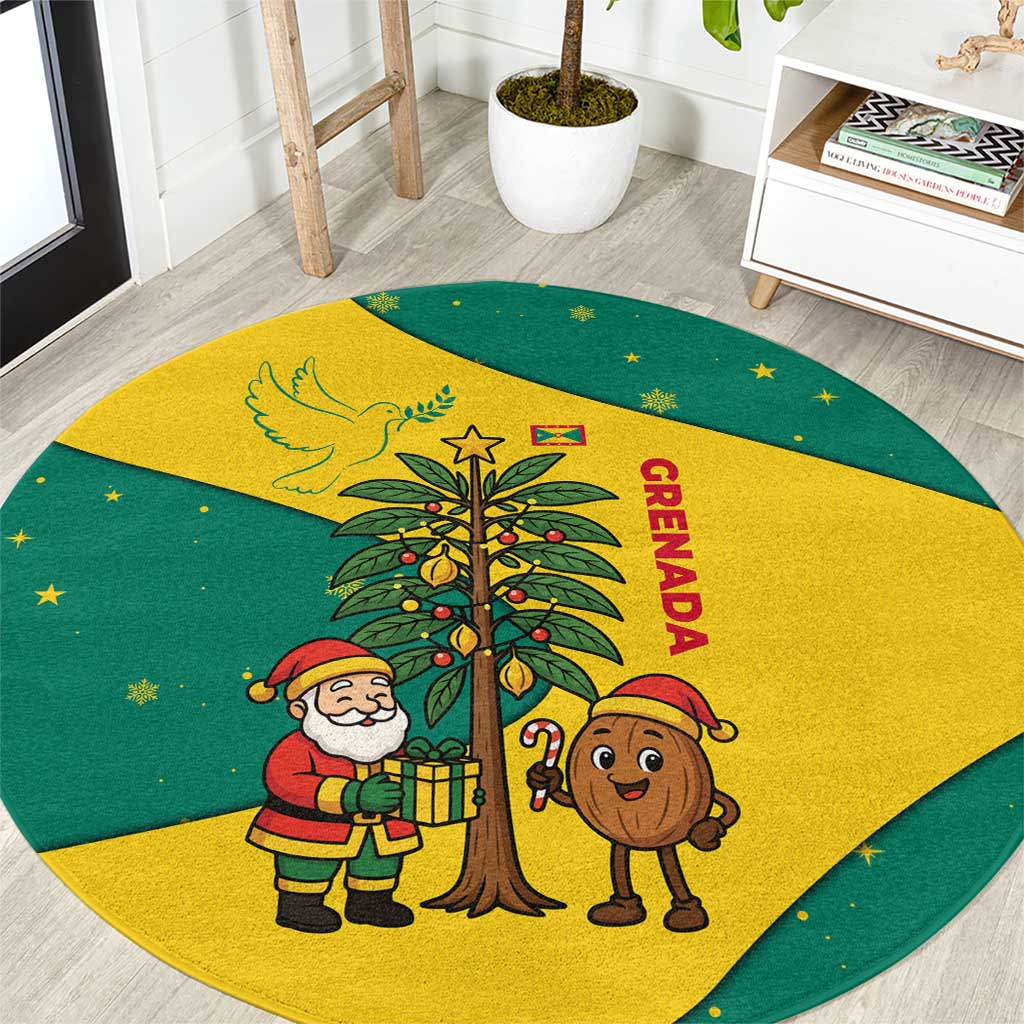 Grenada Christmas Round Carpet with Santa Nutmeg Tree Peace Dove and Festive Gift Design - Wonder Print Shop