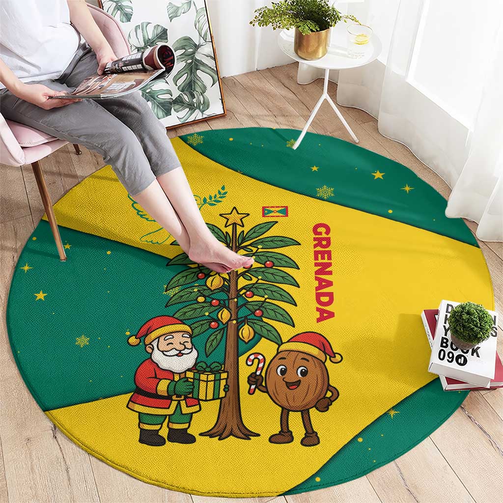 Grenada Christmas Round Carpet with Santa Nutmeg Tree Peace Dove and Festive Gift Design - Wonder Print Shop