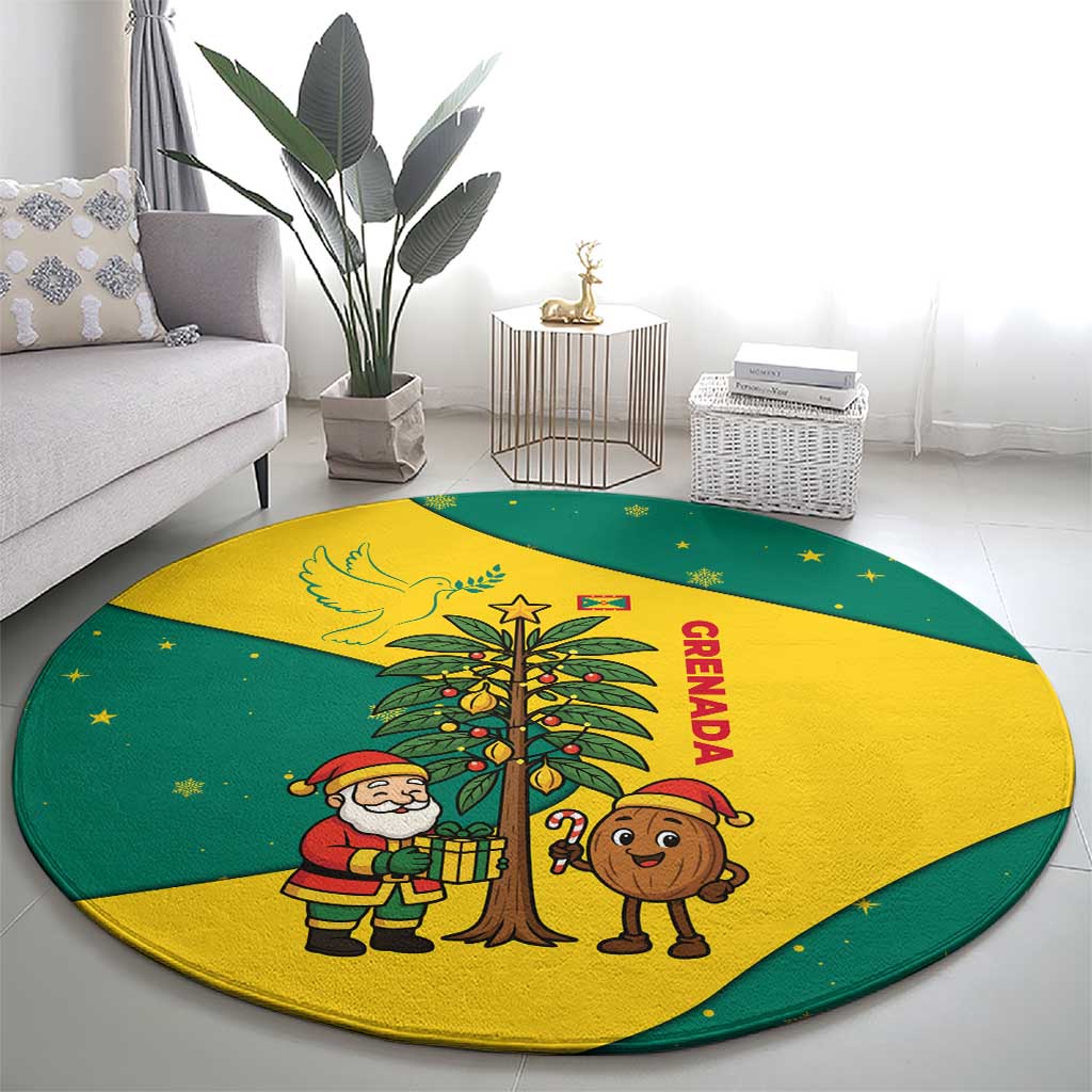 Grenada Christmas Round Carpet with Santa Nutmeg Tree Peace Dove and Festive Gift Design - Wonder Print Shop