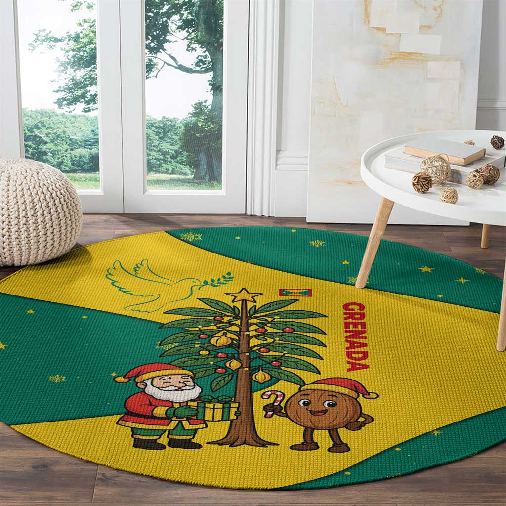Grenada Christmas Round Carpet with Santa Nutmeg Tree Peace Dove and Festive Gift Design - Wonder Print Shop