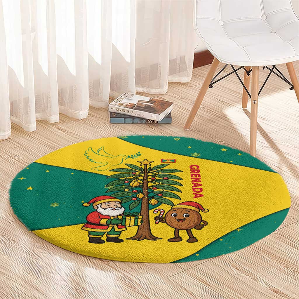 Grenada Christmas Round Carpet with Santa Nutmeg Tree Peace Dove and Festive Gift Design - Wonder Print Shop