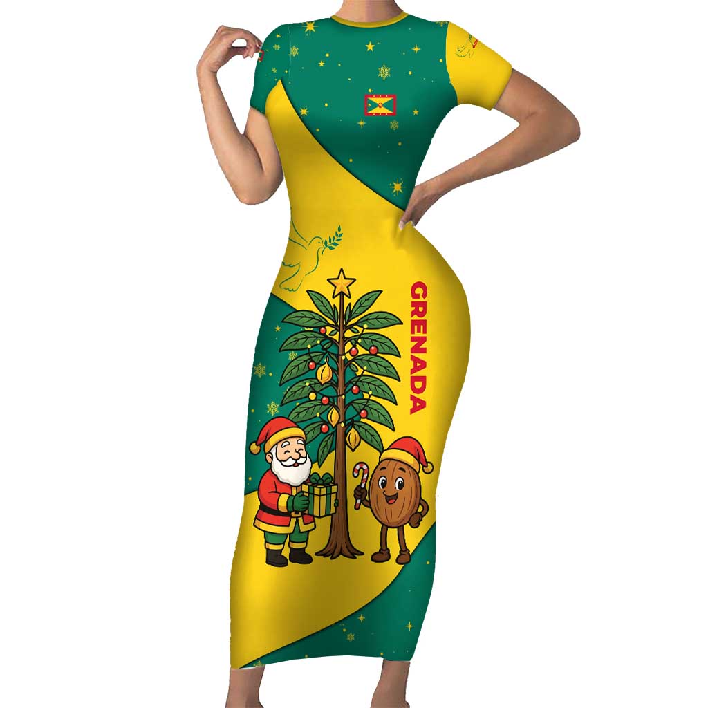 Grenada Christmas Short Sleeve Bodycon Dress with Santa Nutmeg Tree Peace Dove and Festive Gift Design - Wonder Print Shop