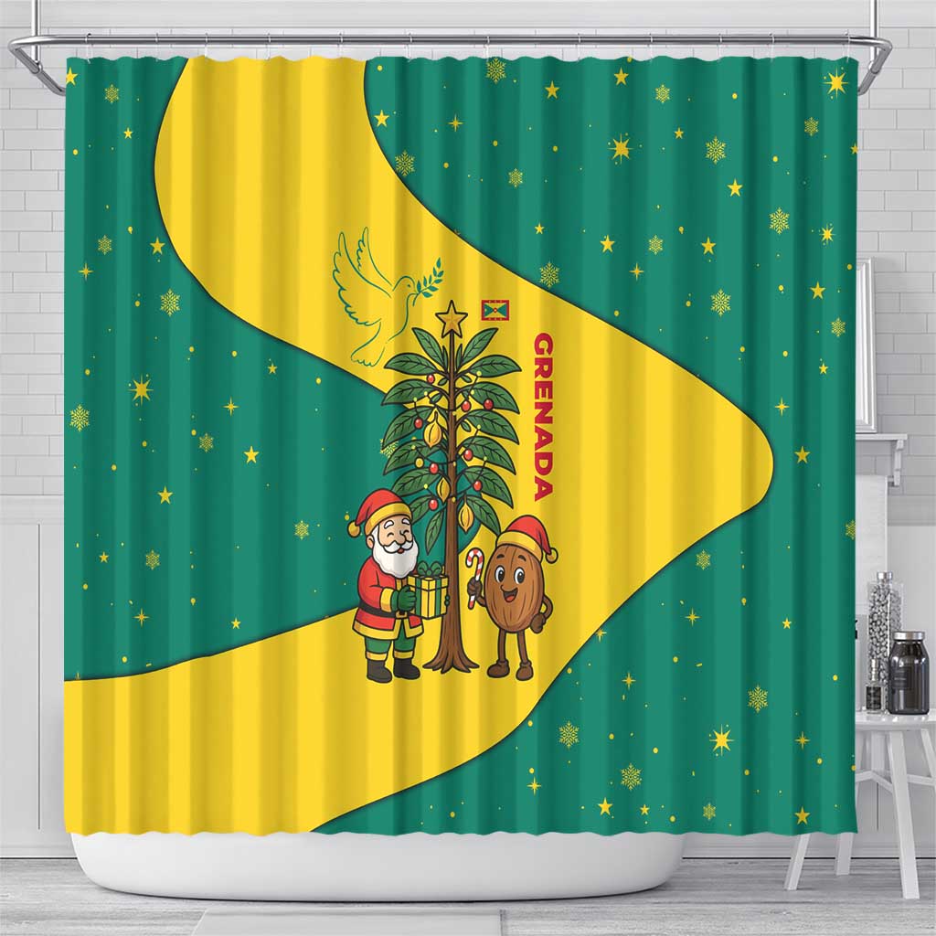 Grenada Christmas Shower Curtain with Santa Nutmeg Tree Peace Dove and Festive Gift Design - Wonder Print Shop