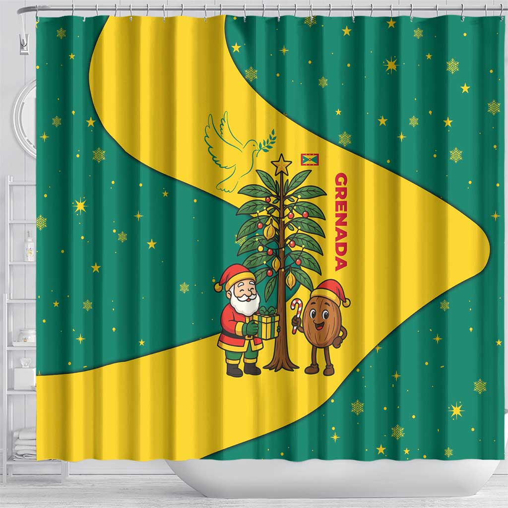 Grenada Christmas Shower Curtain with Santa Nutmeg Tree Peace Dove and Festive Gift Design - Wonder Print Shop