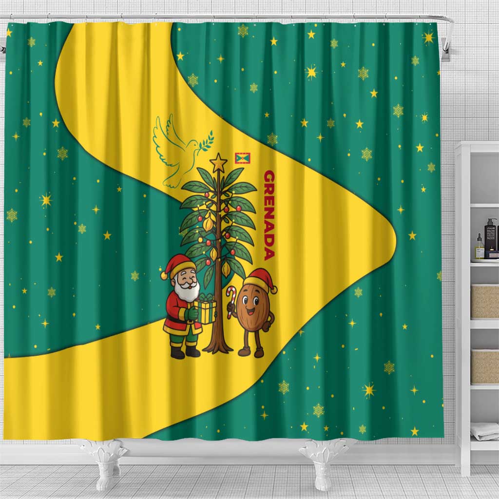 Grenada Christmas Shower Curtain with Santa Nutmeg Tree Peace Dove and Festive Gift Design - Wonder Print Shop