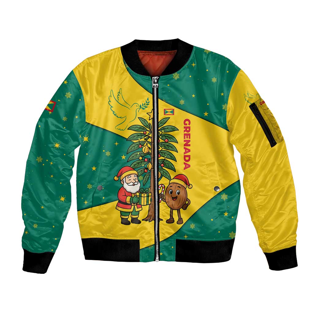 Grenada Christmas Sleeve Zip Bomber Jacket with Santa Nutmeg Tree Peace Dove and Festive Gift Design - Wonder Print Shop