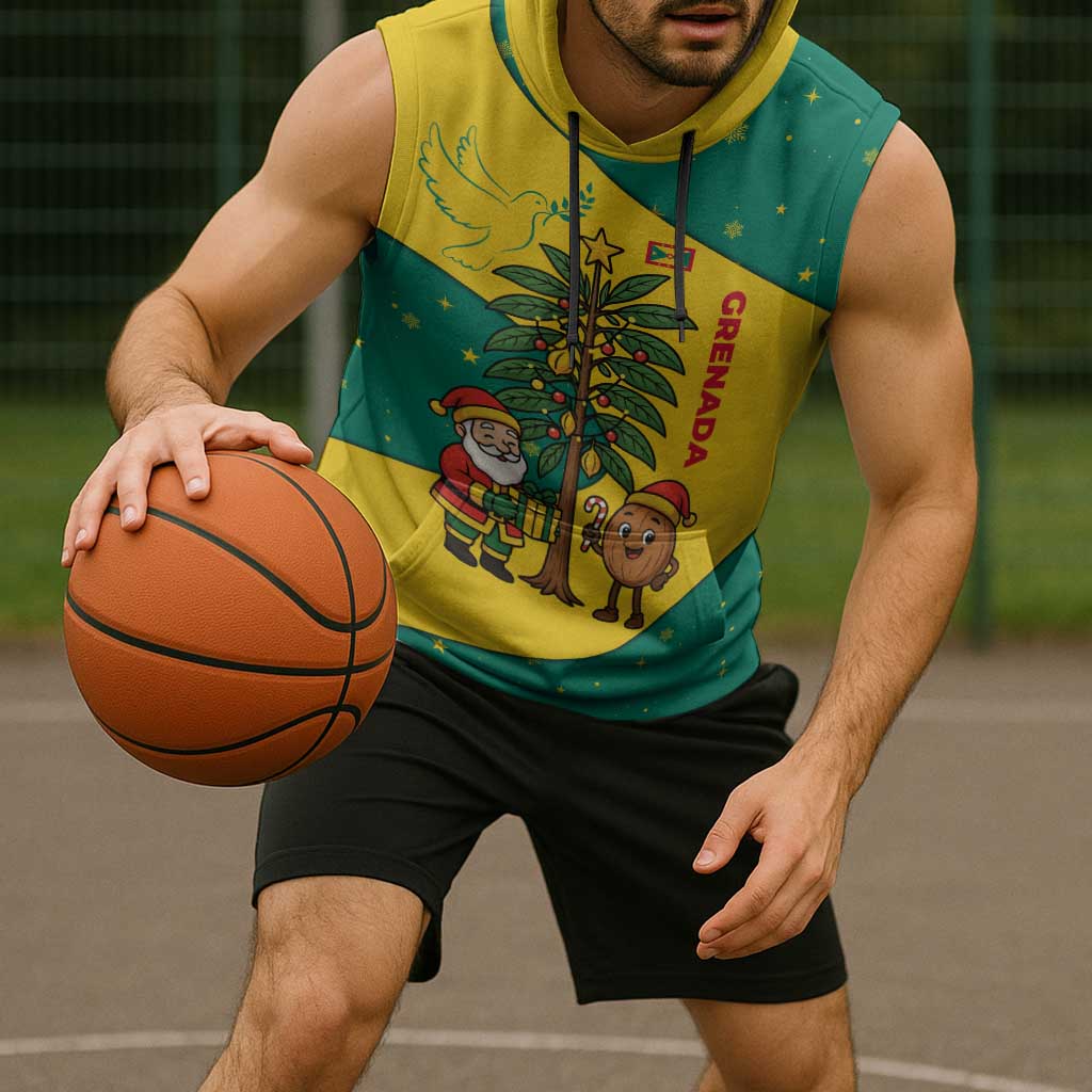 Grenada Christmas Sleeveless Hoodie with Santa Nutmeg Tree Peace Dove and Festive Gift Design - Wonder Print Shop