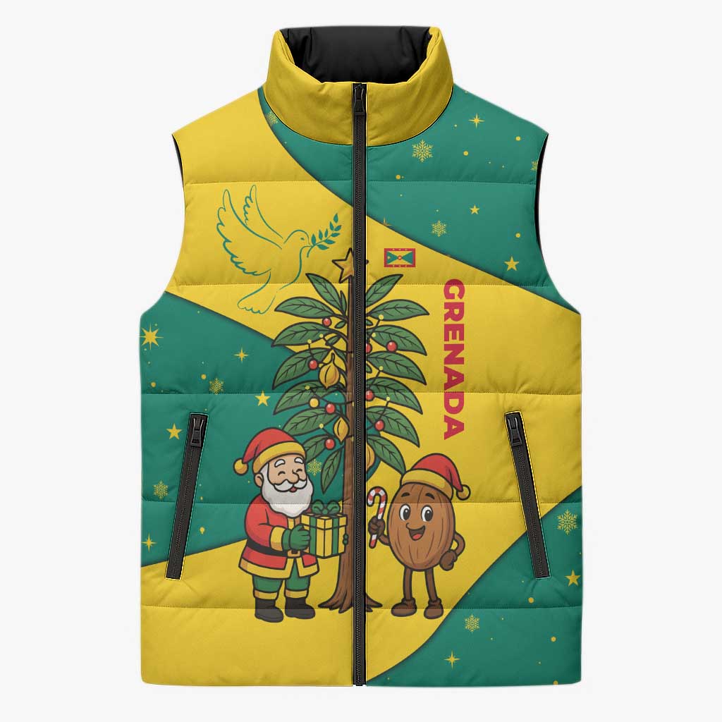 Grenada Christmas Sleeveless Puffer Jacket with Santa Nutmeg Tree Peace Dove and Festive Gift Design - Wonder Print Shop