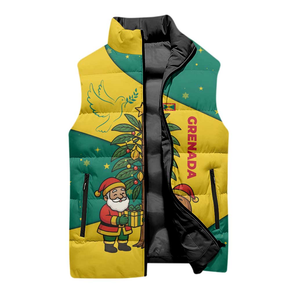 Grenada Christmas Sleeveless Puffer Jacket with Santa Nutmeg Tree Peace Dove and Festive Gift Design - Wonder Print Shop