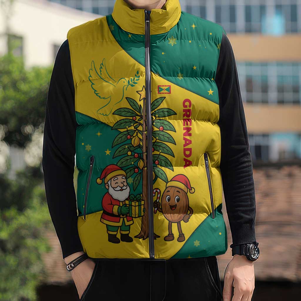 Grenada Christmas Sleeveless Puffer Jacket with Santa Nutmeg Tree Peace Dove and Festive Gift Design - Wonder Print Shop