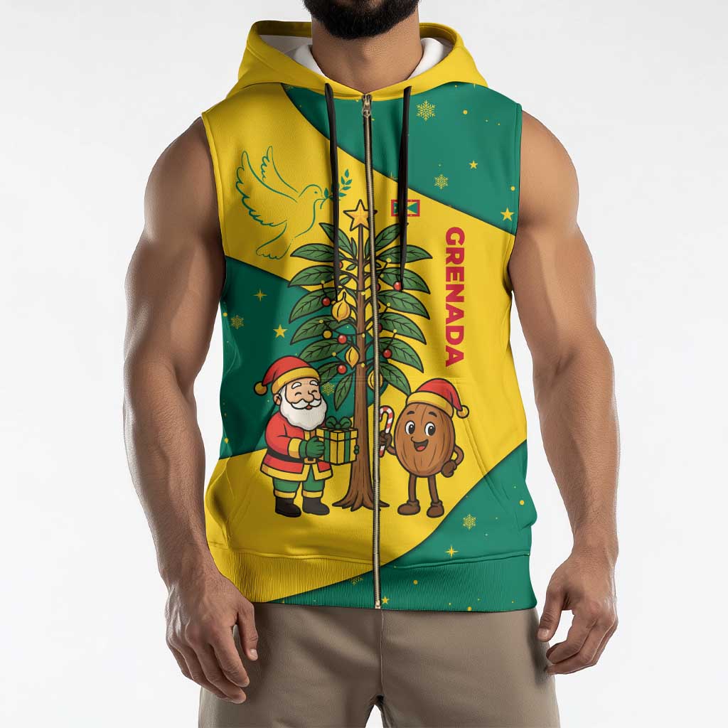 Grenada Christmas Sleeveless Zip Hoodie with Santa Nutmeg Tree Peace Dove and Festive Gift Design - Wonder Print Shop