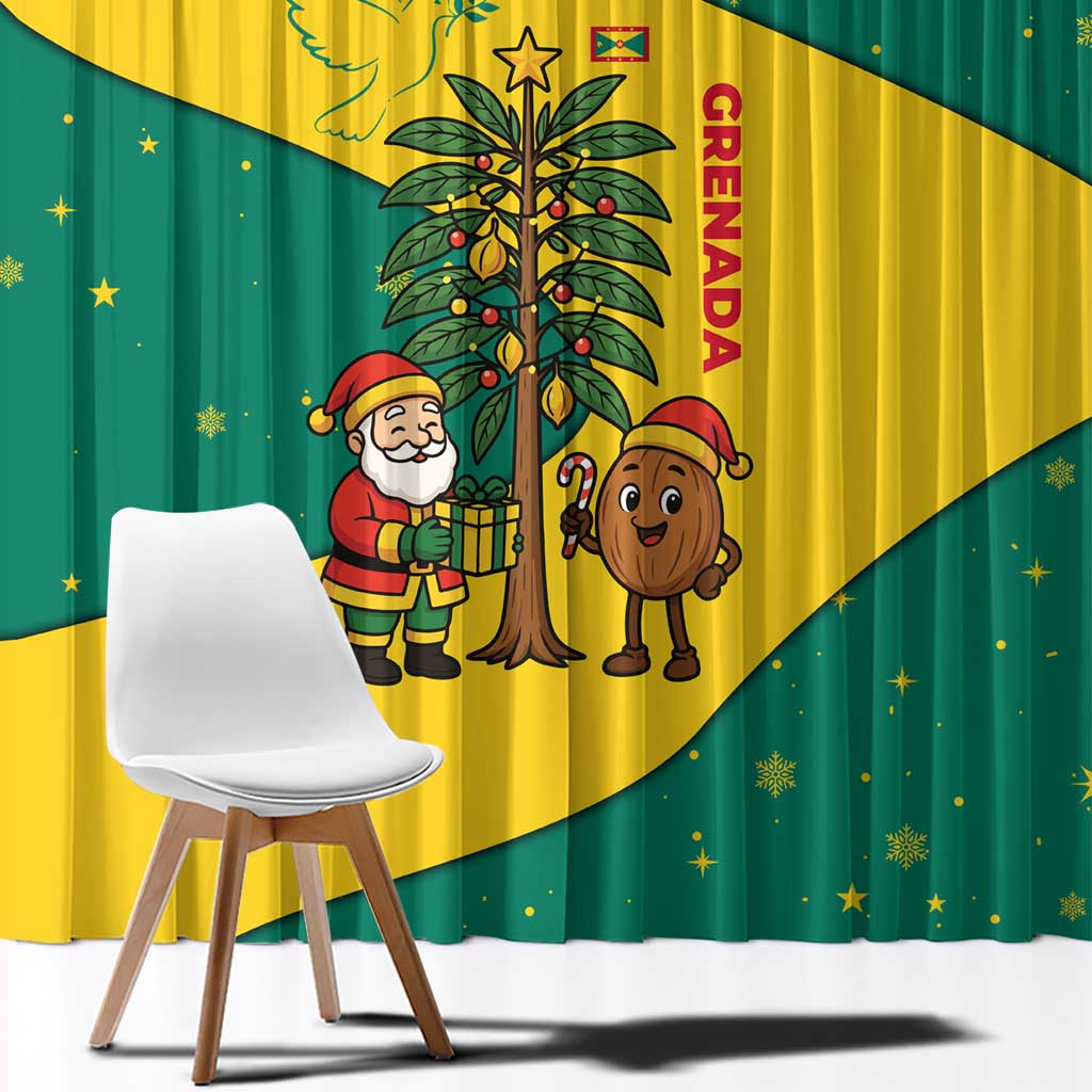 Grenada Christmas Window Curtain with Santa Nutmeg Tree Peace Dove and Festive Gift Design - Wonder Print Shop