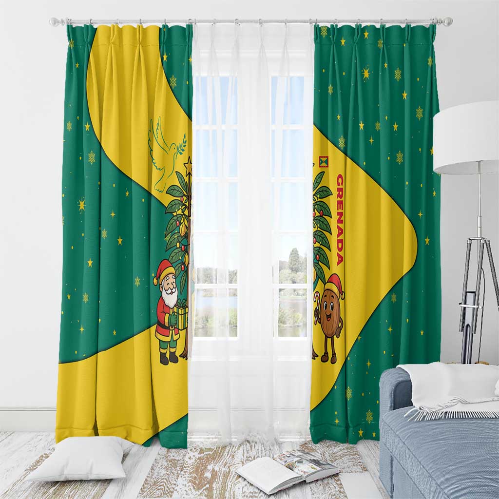 Grenada Christmas Window Curtain with Santa Nutmeg Tree Peace Dove and Festive Gift Design - Wonder Print Shop