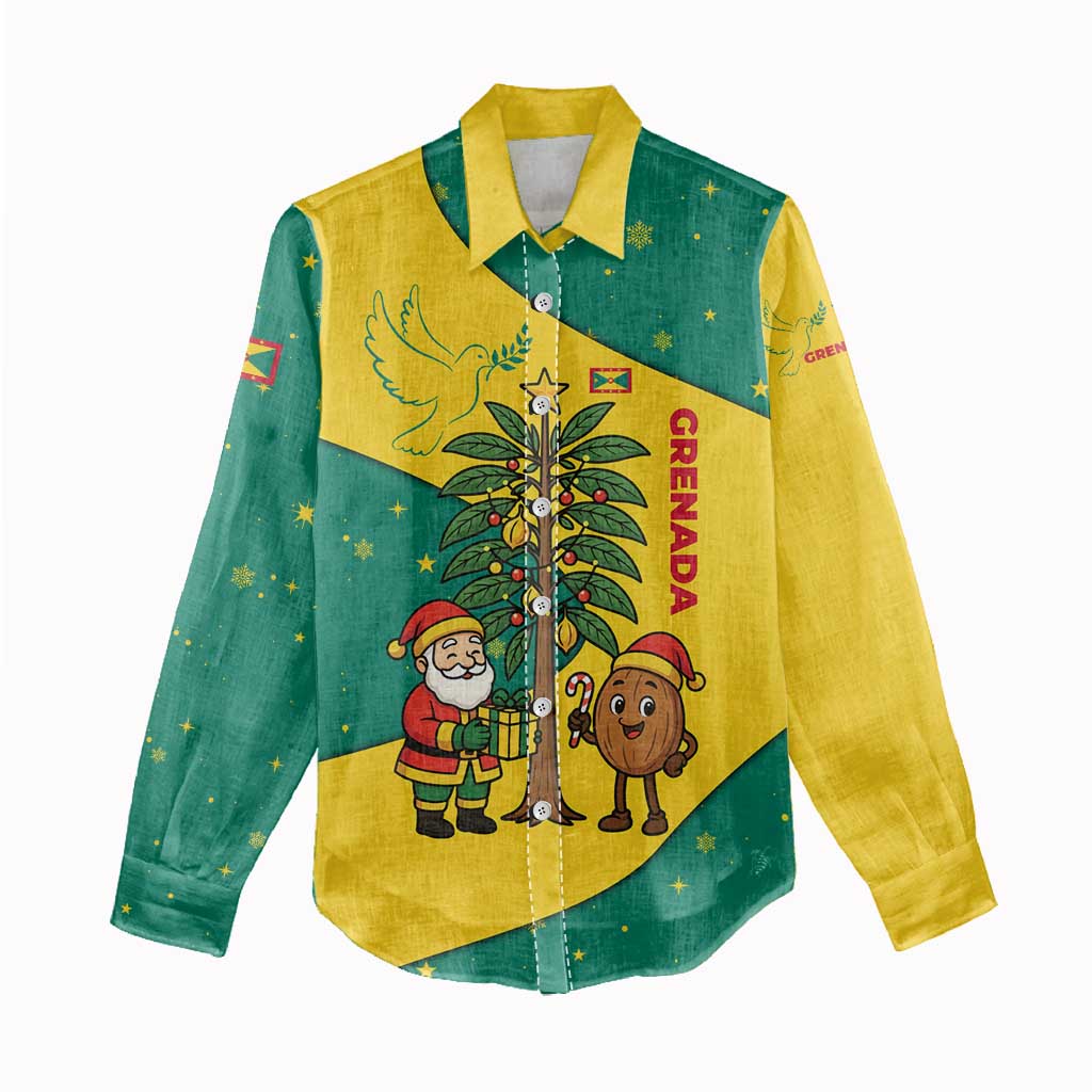 Grenada Christmas Women Casual Shirt with Santa Nutmeg Tree Peace Dove and Festive Gift Design - Wonder Print Shop