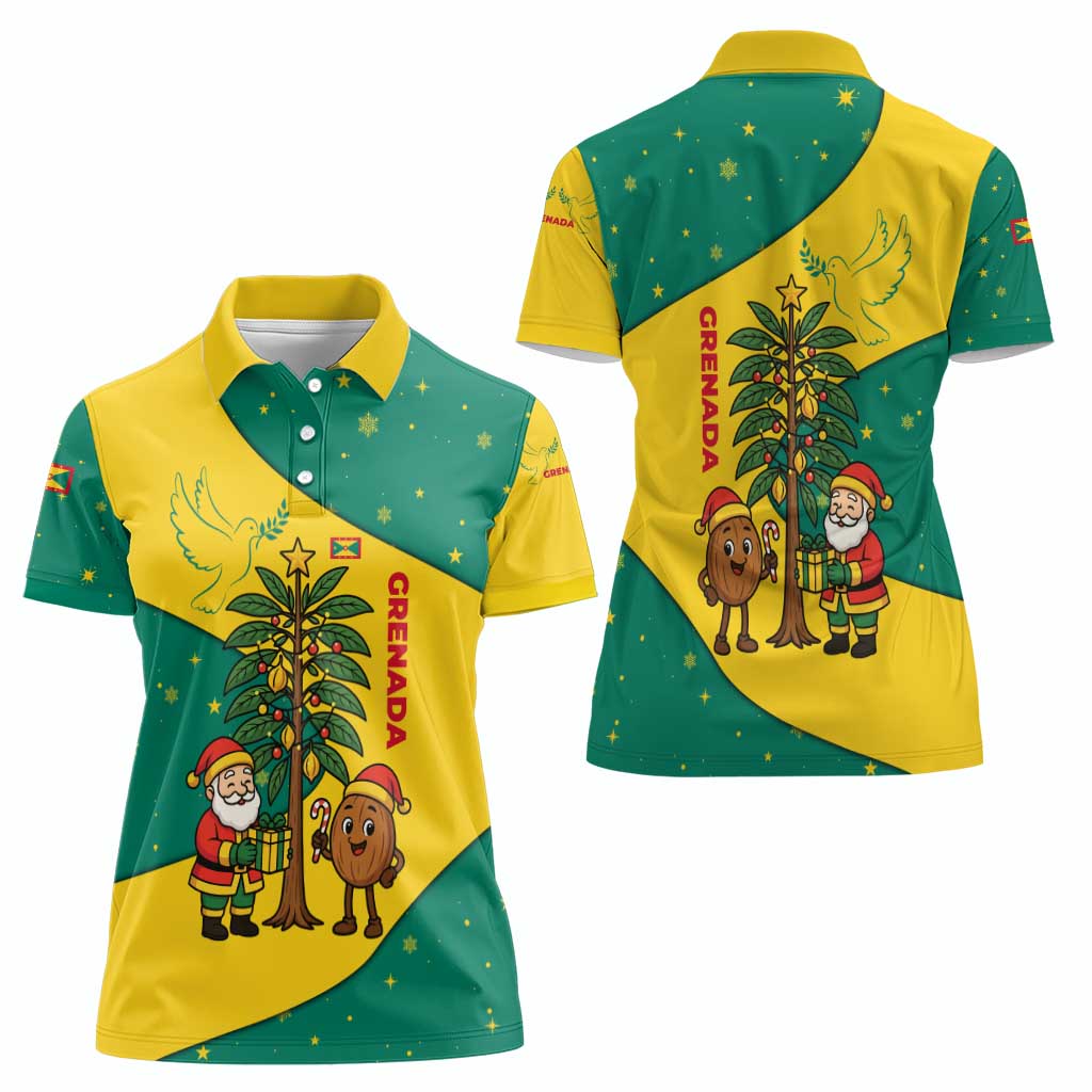Grenada Christmas Women Polo Shirt with Santa Nutmeg Tree Peace Dove and Festive Gift Design - Wonder Print Shop