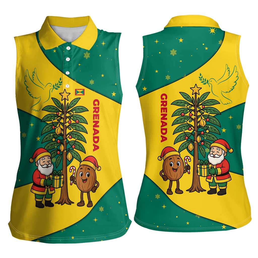 Grenada Christmas Women Sleeveless Polo Shirt with Santa Nutmeg Tree Peace Dove and Festive Gift Design - Wonder Print Shop