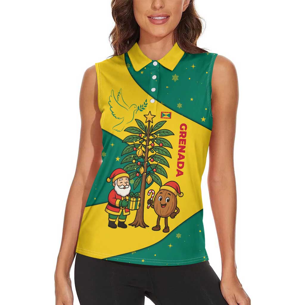 Grenada Christmas Women Sleeveless Polo Shirt with Santa Nutmeg Tree Peace Dove and Festive Gift Design - Wonder Print Shop