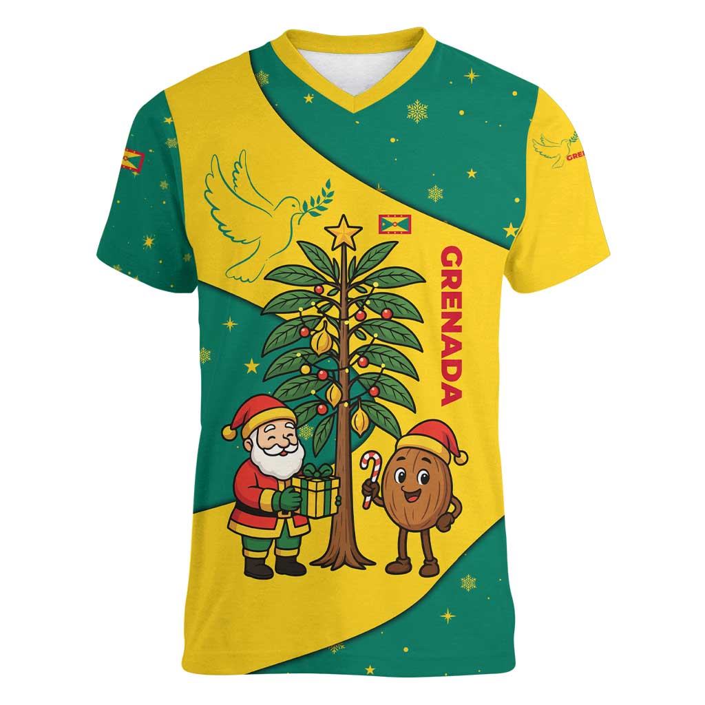 Grenada Christmas Women V-Neck T-Shirt with Santa Nutmeg Tree Peace Dove and Festive Gift Design - Wonder Print Shop