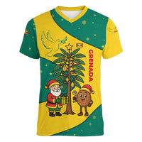 Grenada Christmas Women V-Neck T-Shirt with Santa Nutmeg Tree Peace Dove and Festive Gift Design - Wonder Print Shop