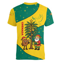 Grenada Christmas Women V-Neck T-Shirt with Santa Nutmeg Tree Peace Dove and Festive Gift Design - Wonder Print Shop