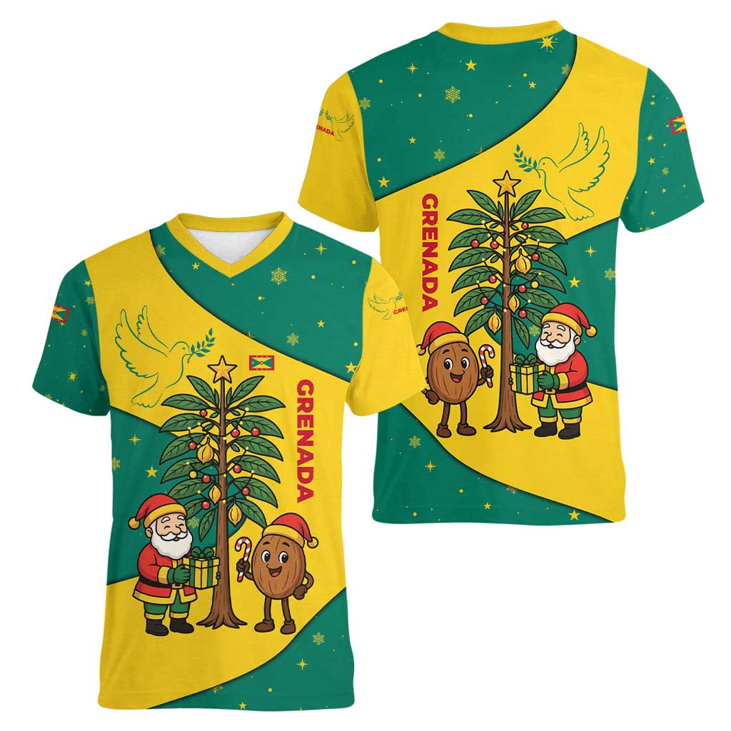Grenada Christmas Women V-Neck T-Shirt with Santa Nutmeg Tree Peace Dove and Festive Gift Design - Wonder Print Shop