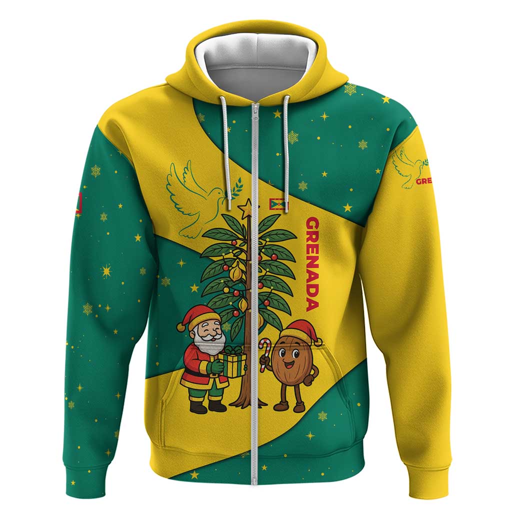 Grenada Christmas Zip Hoodie with Santa Nutmeg Tree Peace Dove and Festive Gift Design - Wonder Print Shop