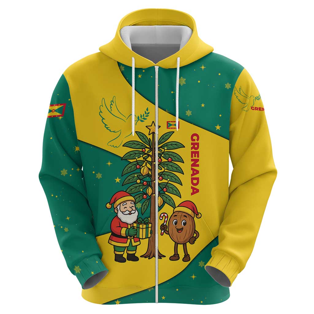 Grenada Christmas Zip Hoodie with Santa Nutmeg Tree Peace Dove and Festive Gift Design - Wonder Print Shop