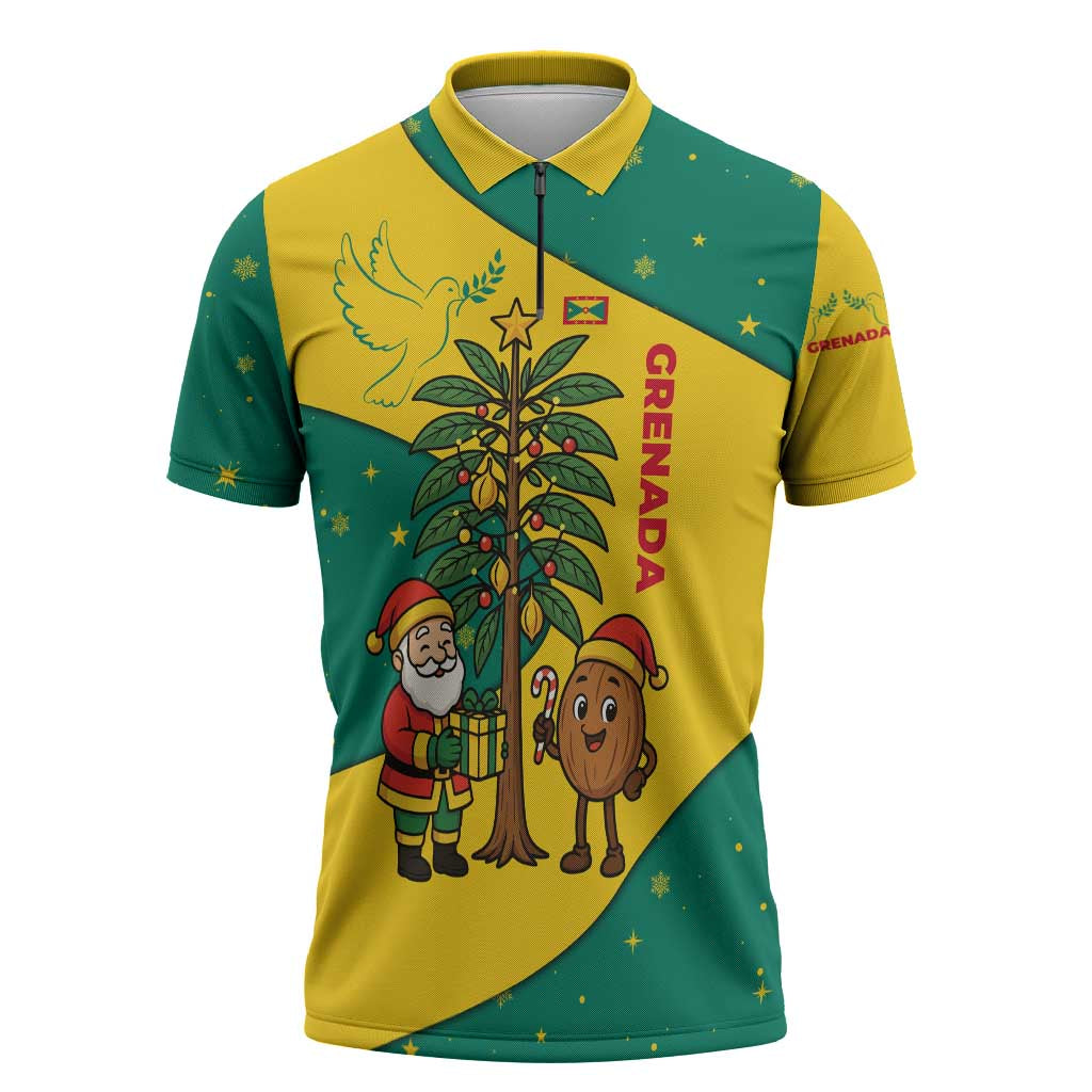 Grenada Christmas Zipper Polo Shirt with Santa Nutmeg Tree Peace Dove and Festive Gift Design - Wonder Print Shop