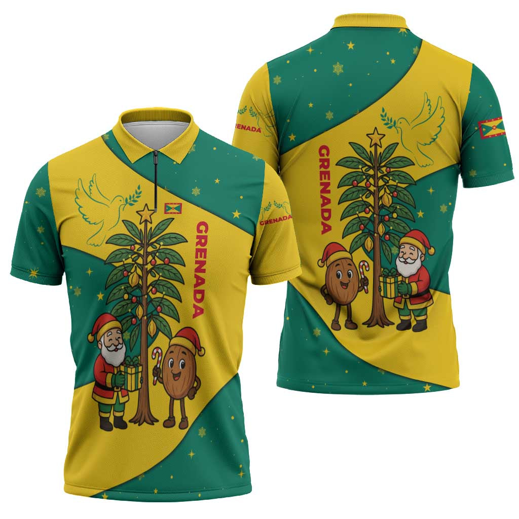 Grenada Christmas Zipper Polo Shirt with Santa Nutmeg Tree Peace Dove and Festive Gift Design - Wonder Print Shop