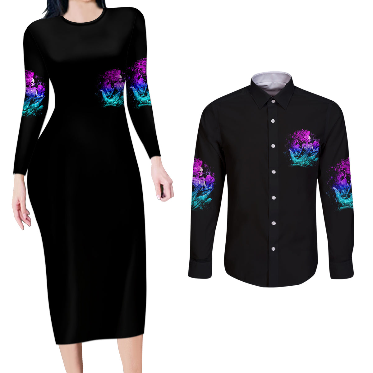 My Demons Tried To Drown Me Mermaid Couples Matching Long Sleeve Bodycon Dress and Long Sleeve Button Shirt - Wonder Print Shop