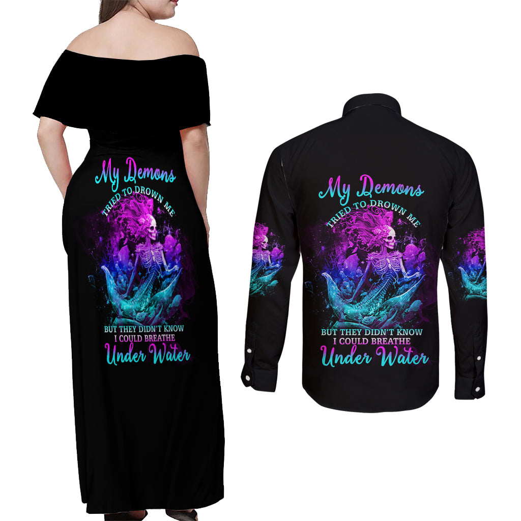 My Demons Tried To Drown Me Mermaid Couples Matching Off Shoulder Maxi Dress and Long Sleeve Button Shirt - Wonder Print Shop