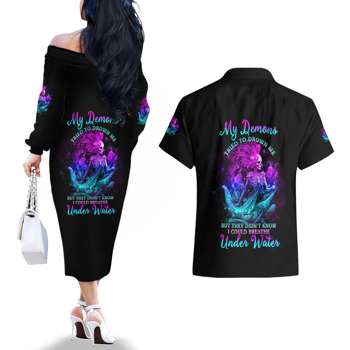 My Demons Tried To Drown Me Mermaid Couples Matching Off The Shoulder Long Sleeve Dress and Hawaiian Shirt - Wonder Print Shop
