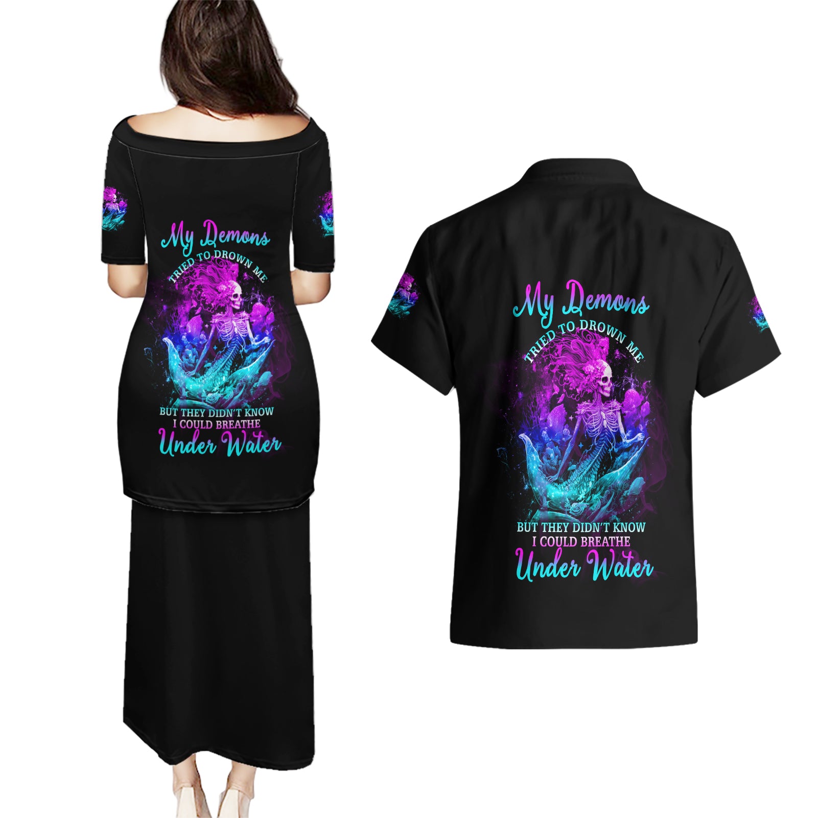 My Demons Tried To Drown Me Mermaid Couples Matching Puletasi Dress and Hawaiian Shirt - Wonder Print Shop