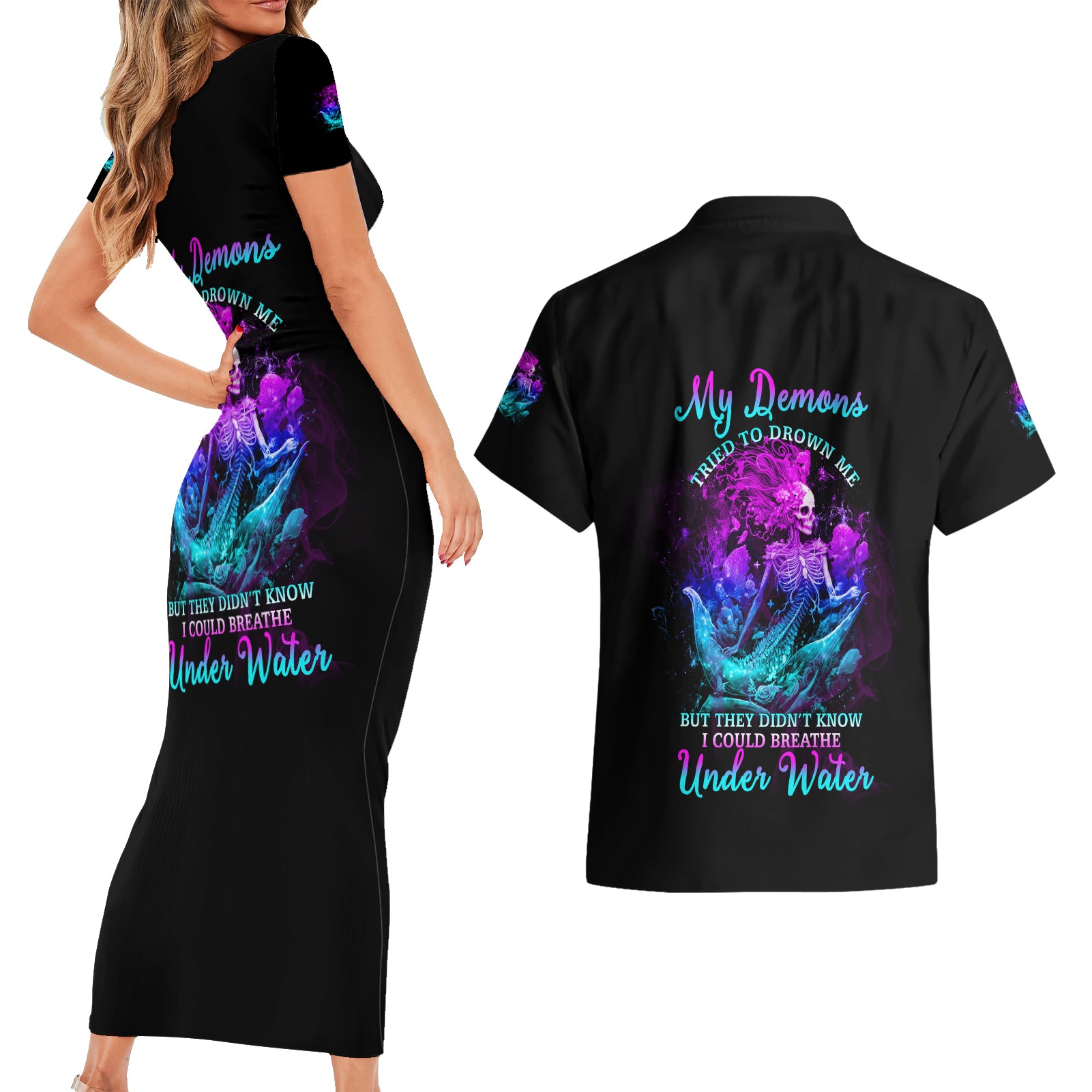 My Demons Tried To Drown Me Mermaid Couples Matching Short Sleeve Bodycon Dress and Hawaiian Shirt - Wonder Print Shop