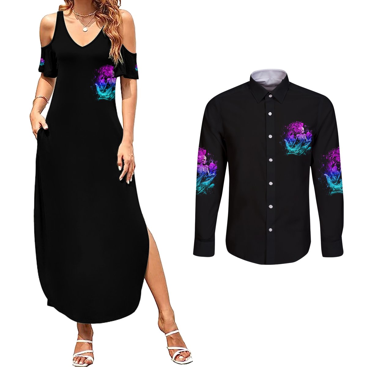 My Demons Tried To Drown Me Mermaid Couples Matching Summer Maxi Dress and Long Sleeve Button Shirt - Wonder Print Shop