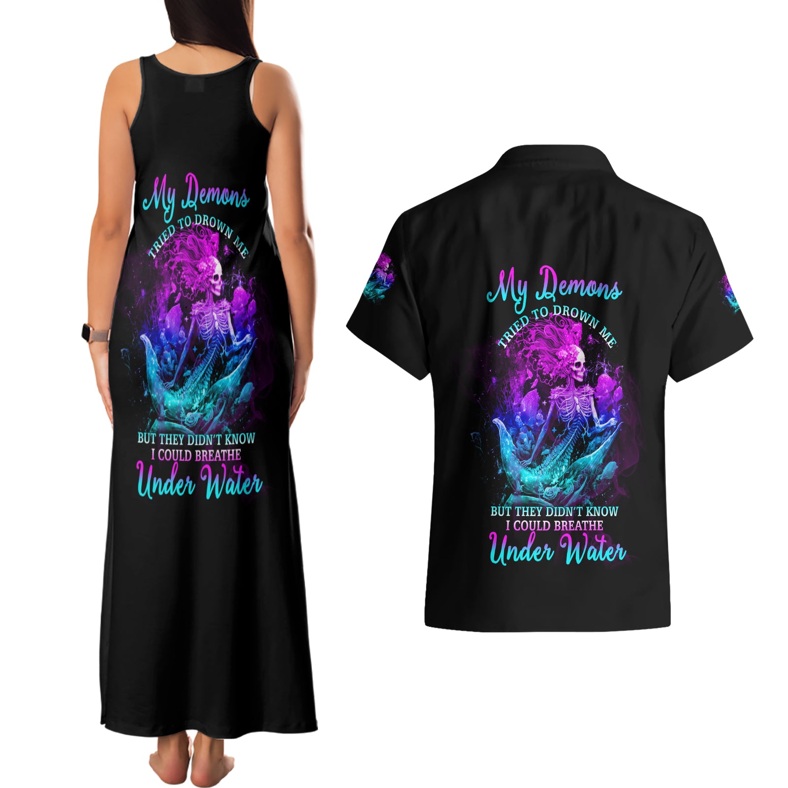 My Demons Tried To Drown Me Mermaid Couples Matching Tank Maxi Dress and Hawaiian Shirt - Wonder Print Shop