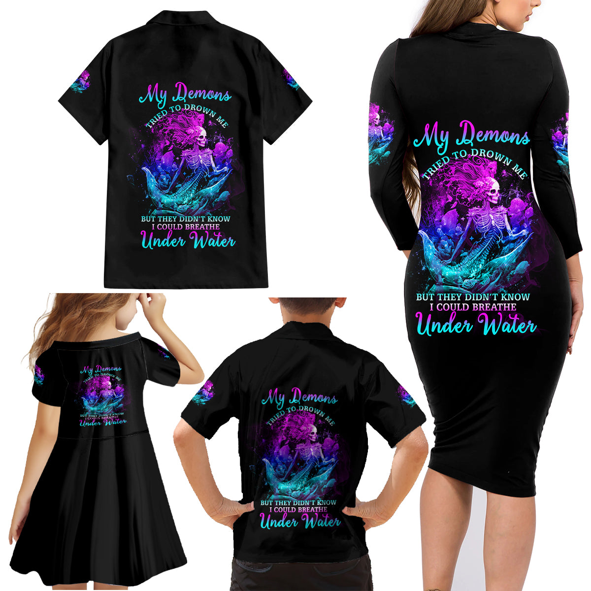 My Demons Tried To Drown Me Mermaid Family Matching Long Sleeve Bodycon Dress and Hawaiian Shirt - Wonder Print Shop