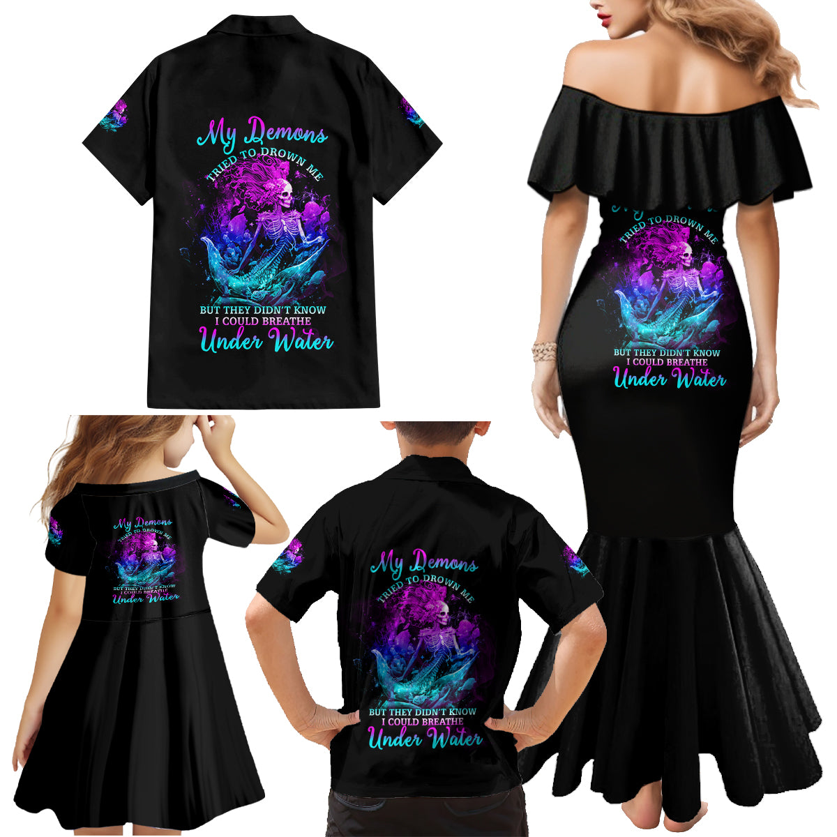My Demons Tried To Drown Me Mermaid Family Matching Mermaid Dress and Hawaiian Shirt - Wonder Print Shop