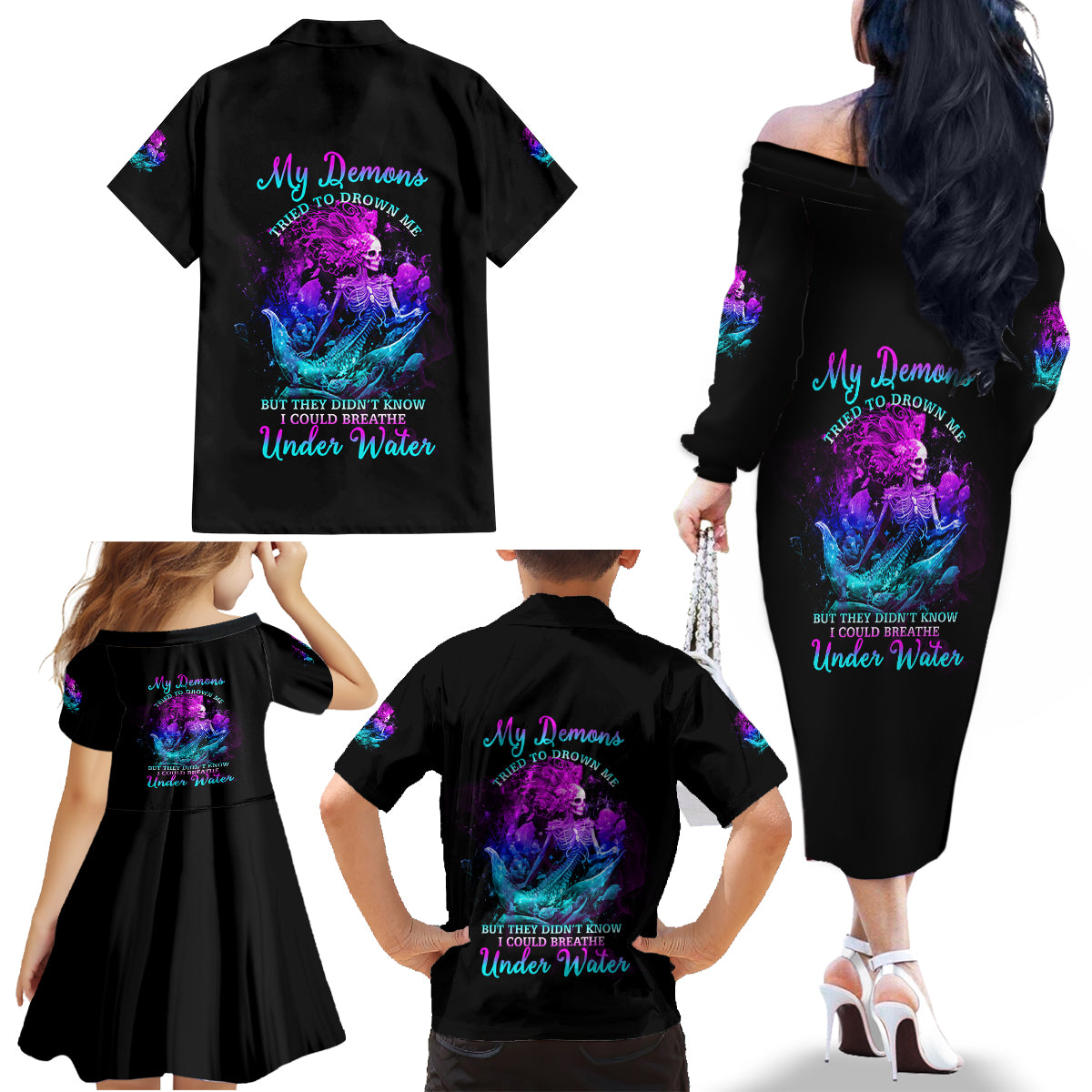 My Demons Tried To Drown Me Mermaid Family Matching Off Shoulder Long Sleeve Dress and Hawaiian Shirt - Wonder Print Shop